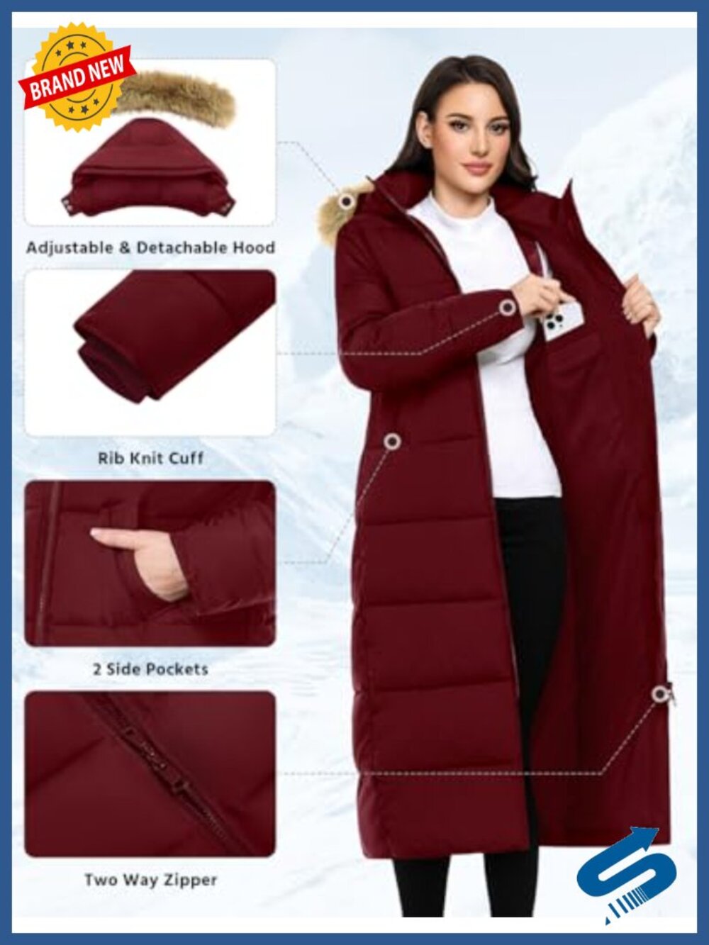 Women's Long Puffer Coat Winter Quilted Jacket with Faux Fur Hood - Picture 2 of 5